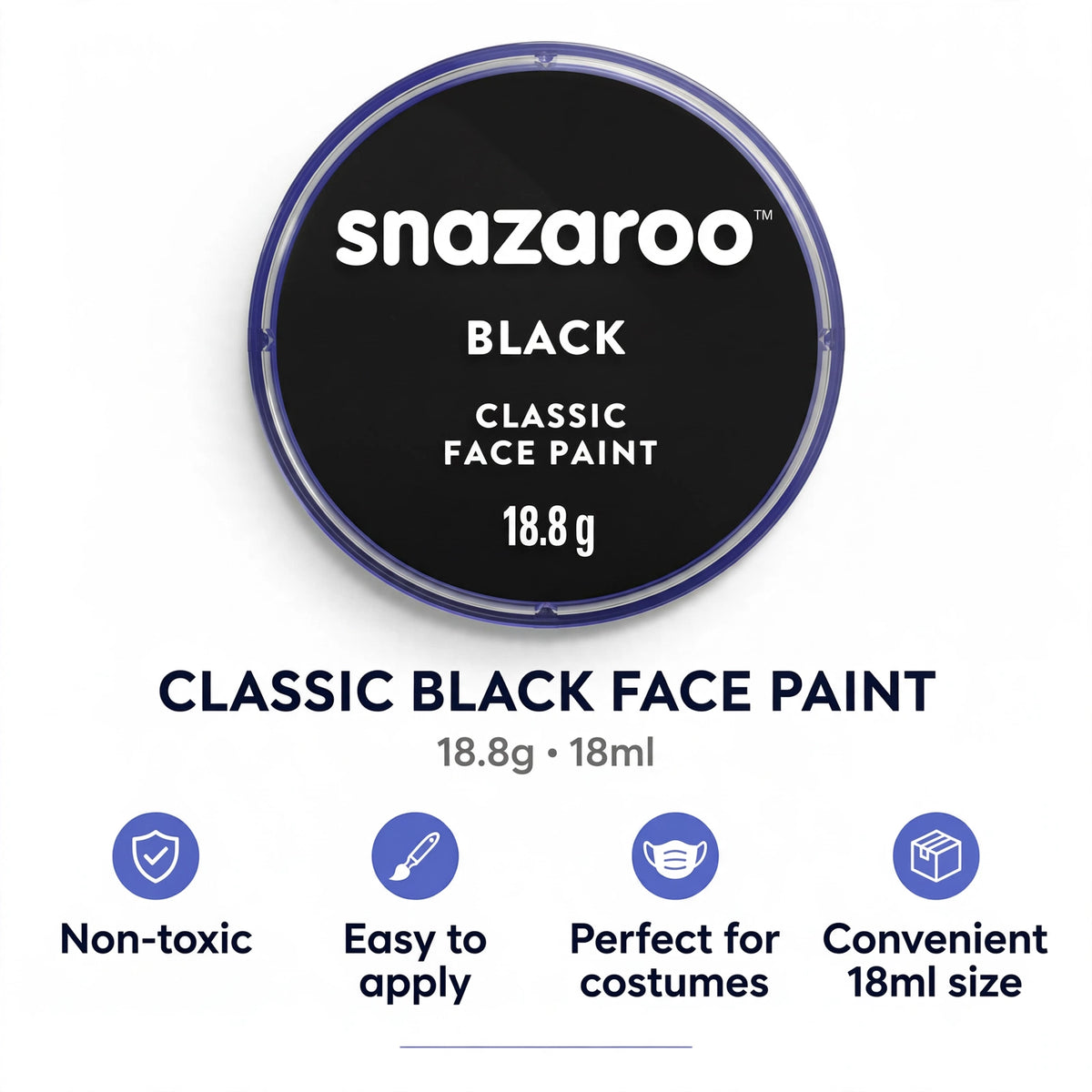 Infographic showing features of Snazaroo Classic Black Face Paint including non-toxic and easy removal