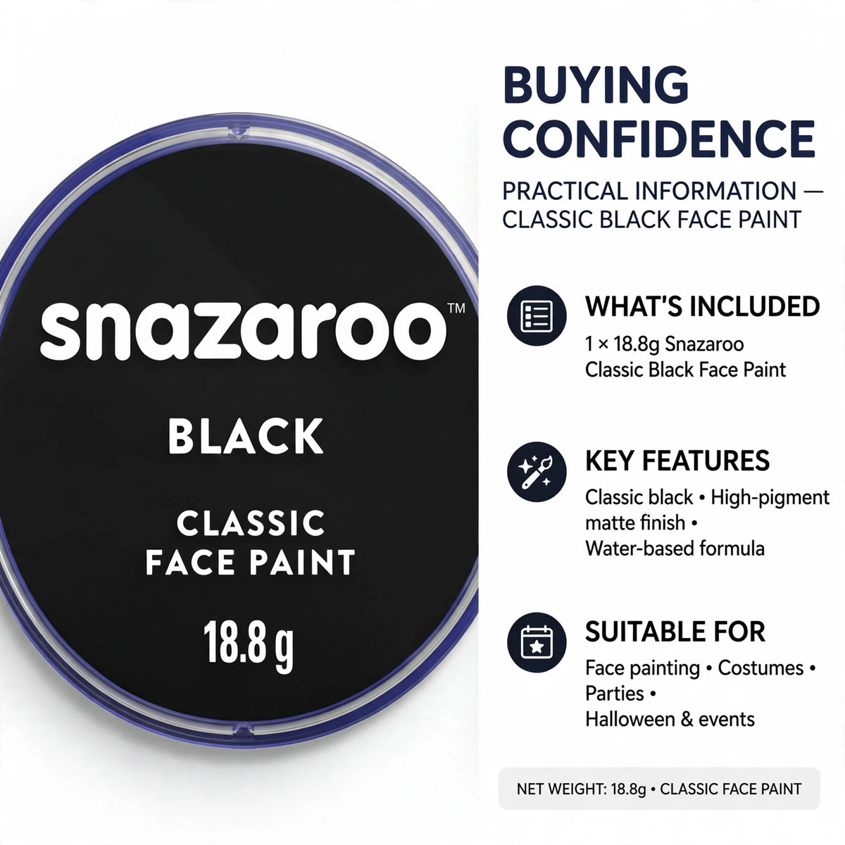 Factual information about Snazaroo Classic Black Face Paint including non-toxic and easy to remove characteristics