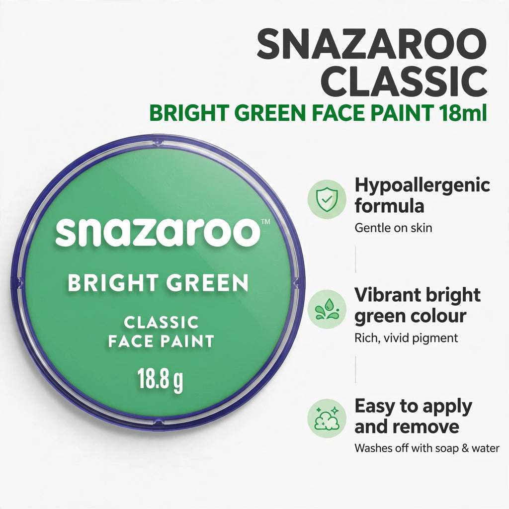 Infographic displaying features of Snazaroo Classic Bright Green Face Paint including hypoallergenic formula