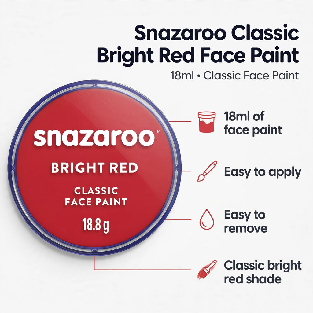 Infographic highlighting features of Snazaroo Classic Bright Red Face Paint