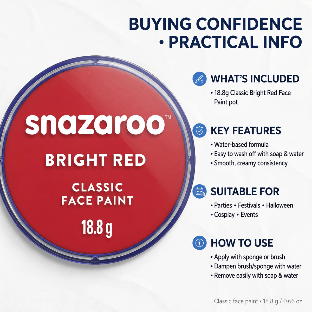 Information on Snazaroo Classic Bright Red Face Paint's easy application and removal