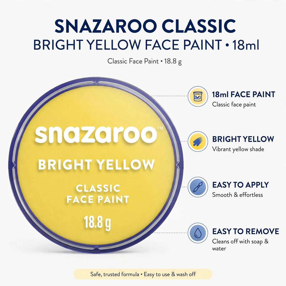 Infographic showing features of Snazaroo Classic Bright Yellow Face Paint