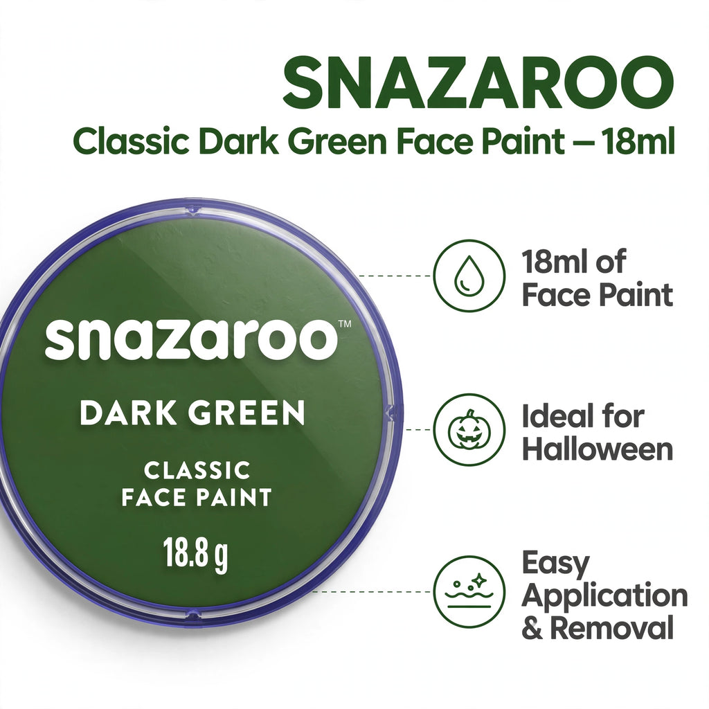 Features of Snazaroo Classic Dark Green Face Paint including 18ml size and easy application