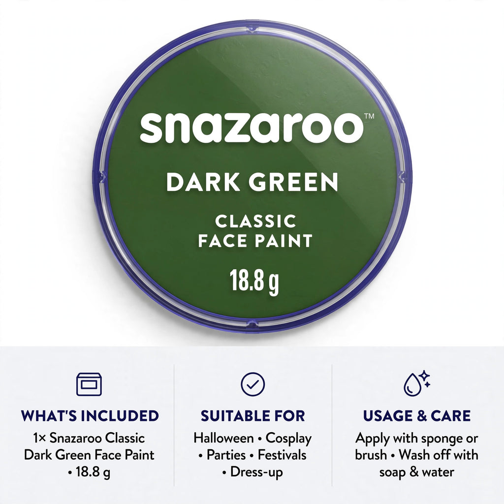 Information on Snazaroo Classic Dark Green Face Paint, easy to apply and remove