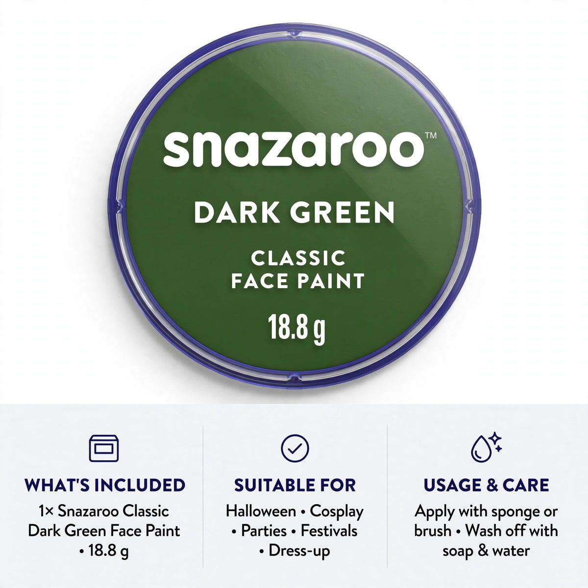 Information on Snazaroo Classic Dark Green Face Paint, easy to apply and remove
