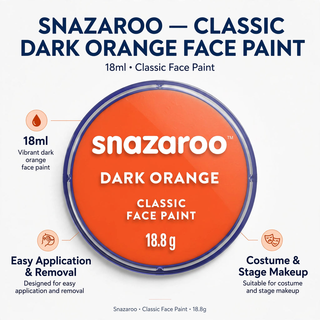 Infographic highlighting features of Snazaroo Classic Dark Orange Face Paint