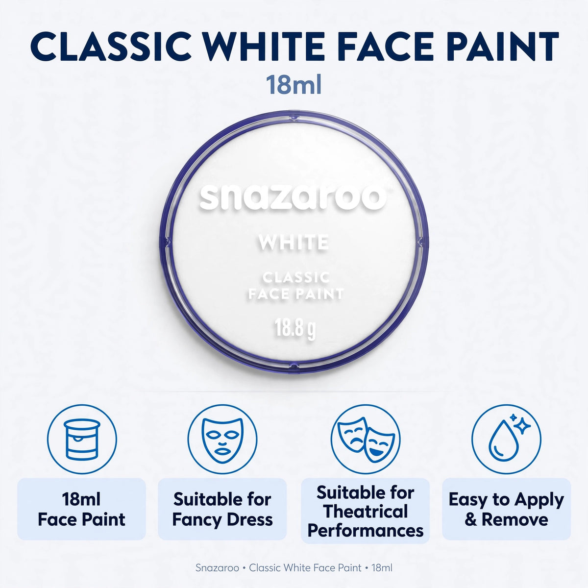 Infographic highlighting features of Snazaroo Classic White Face Paint