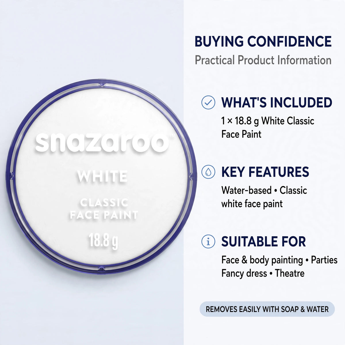Practical information about Snazaroo Classic White Face Paint's application and removal