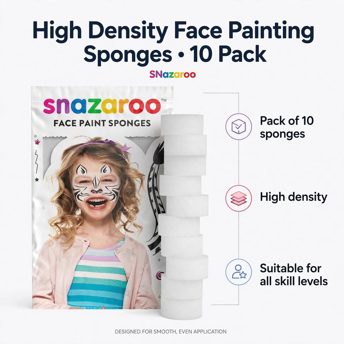 Infographic highlighting key features of Snazaroo face painting sponges