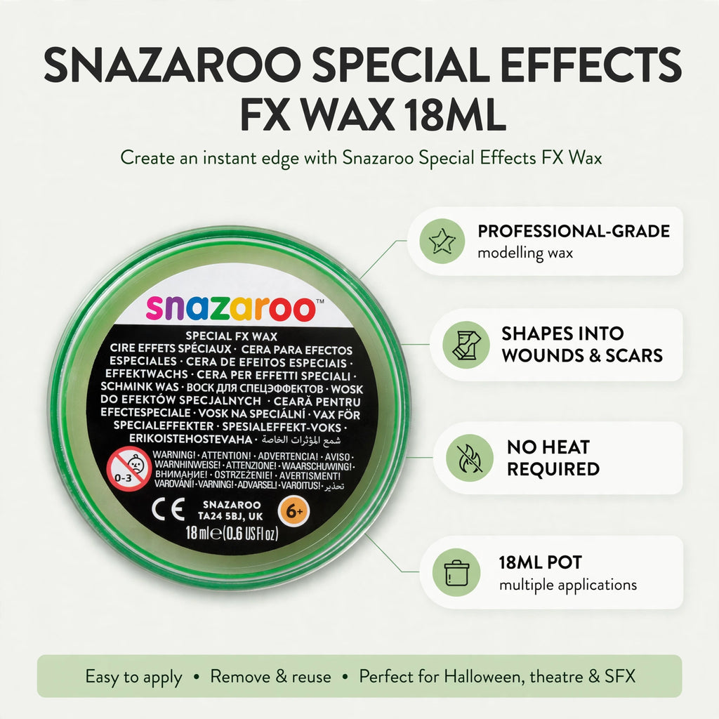 Infographic showing Snazaroo FX Wax features such as shaping into wounds and no heat required