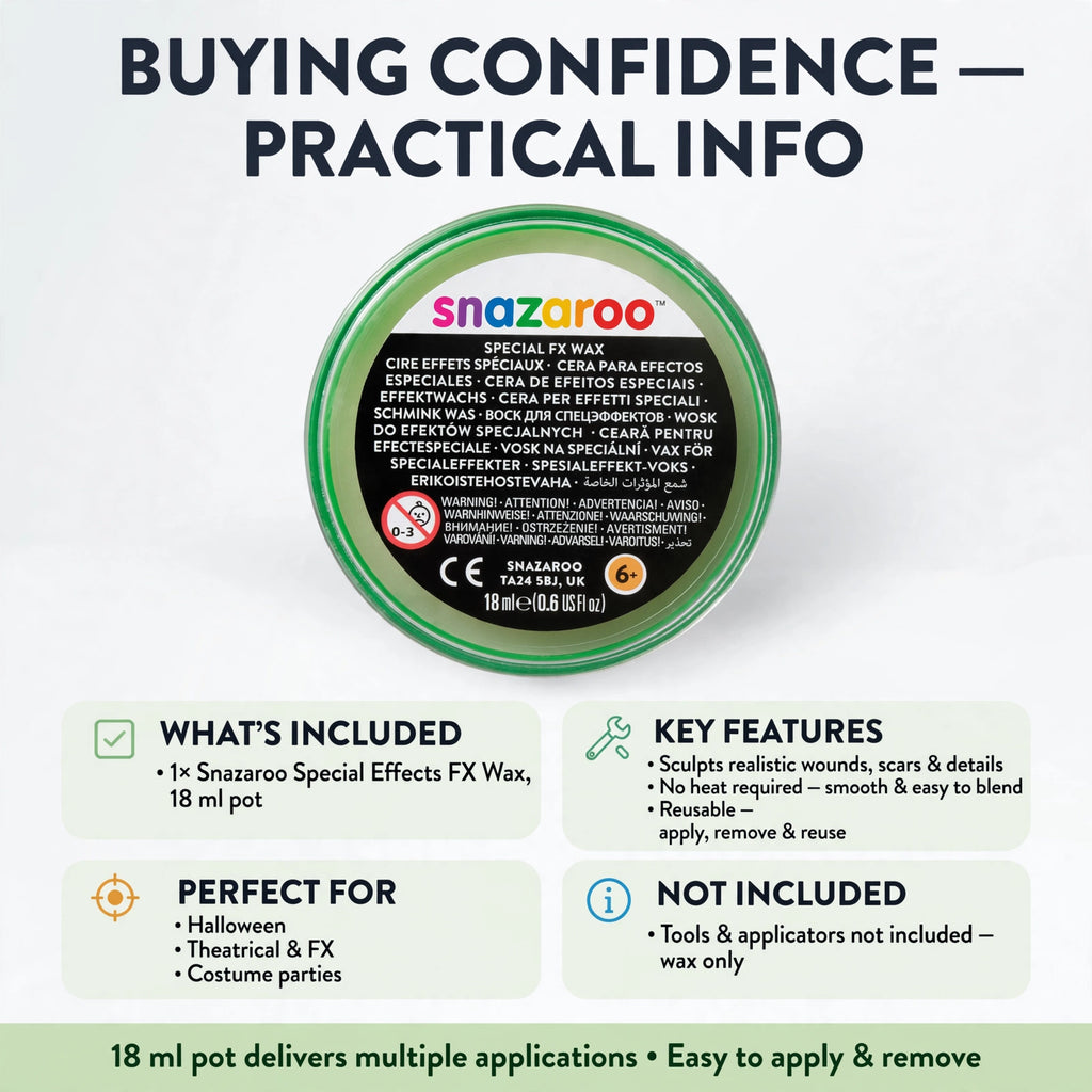 Information image about Snazaroo FX Wax that is easy to apply, remove, and reuse