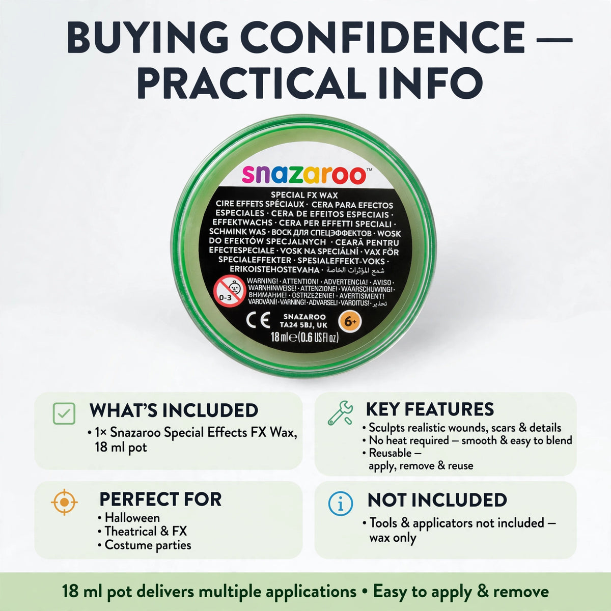 Information image about Snazaroo FX Wax that is easy to apply, remove, and reuse