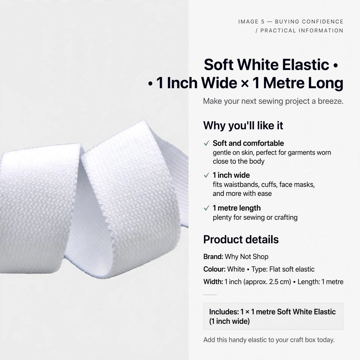 Soft white elastic suitable for waistbands, cuffs, and face masks