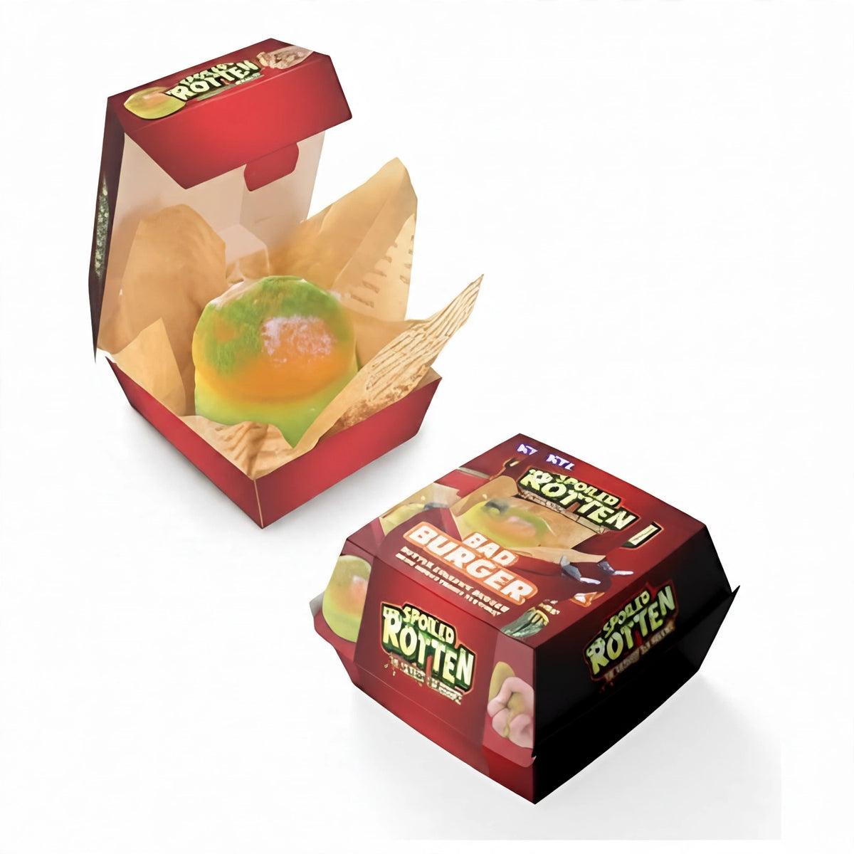 Spoiled Rotten Squishy Squeeze Decaying Burger toy in burger box