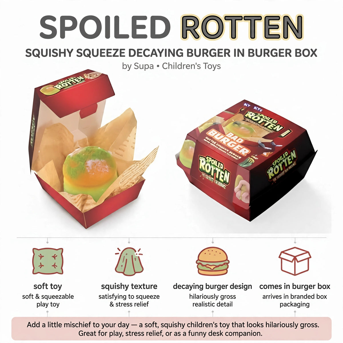 Features include soft squishy texture, decaying burger design, and burger box packaging