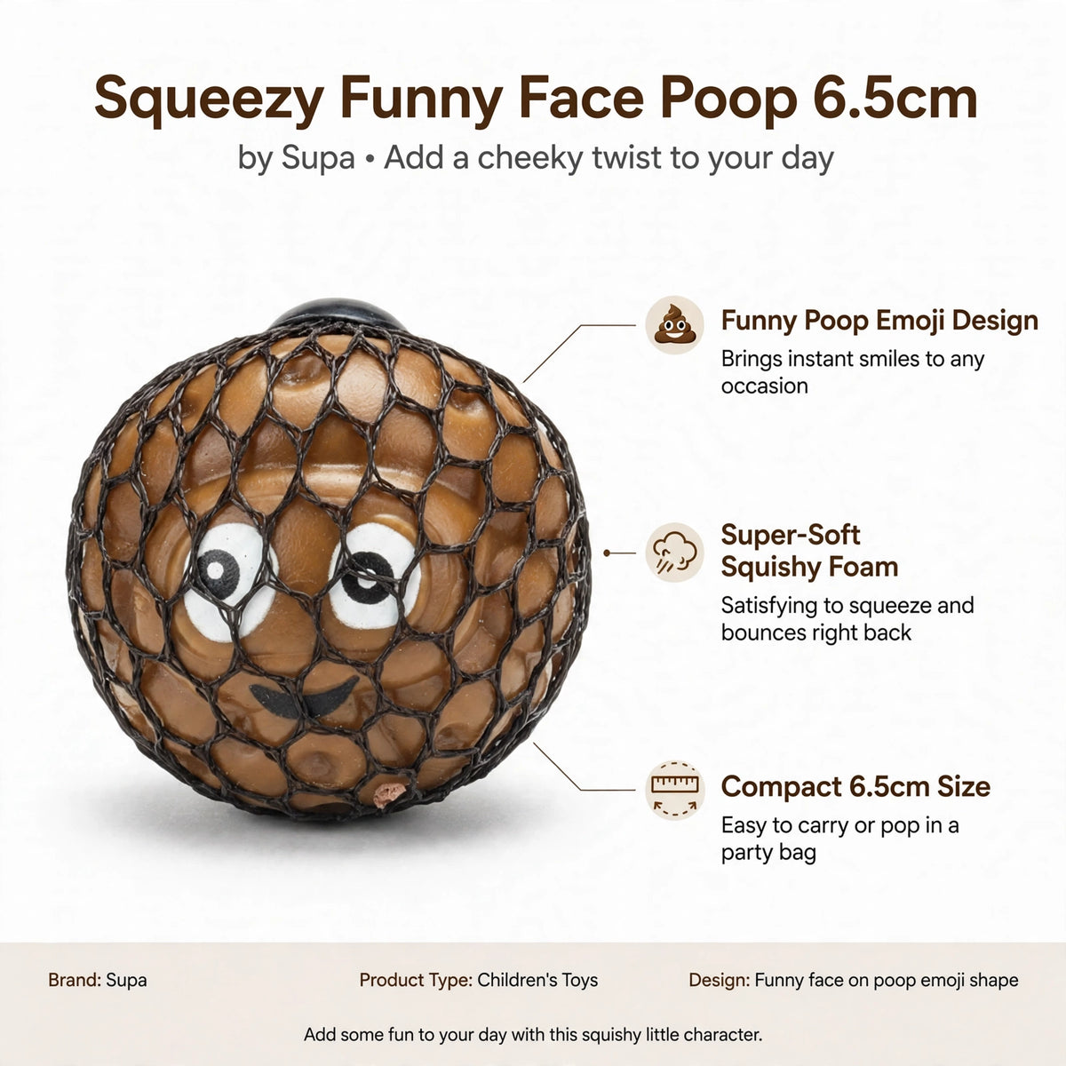 Infographic showing funny poop emoji design, super-soft squishy foam, and 6.5cm size