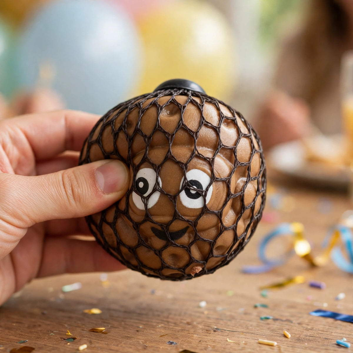 Squeezy Funny Face Poop 6.5cm squishy toy on a desk or in a party bag