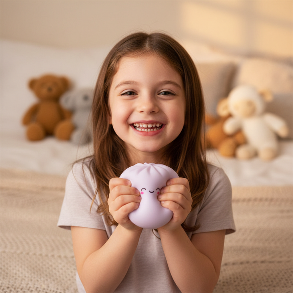 Squishy BAO Dumpling Toy – Child in Bedroom