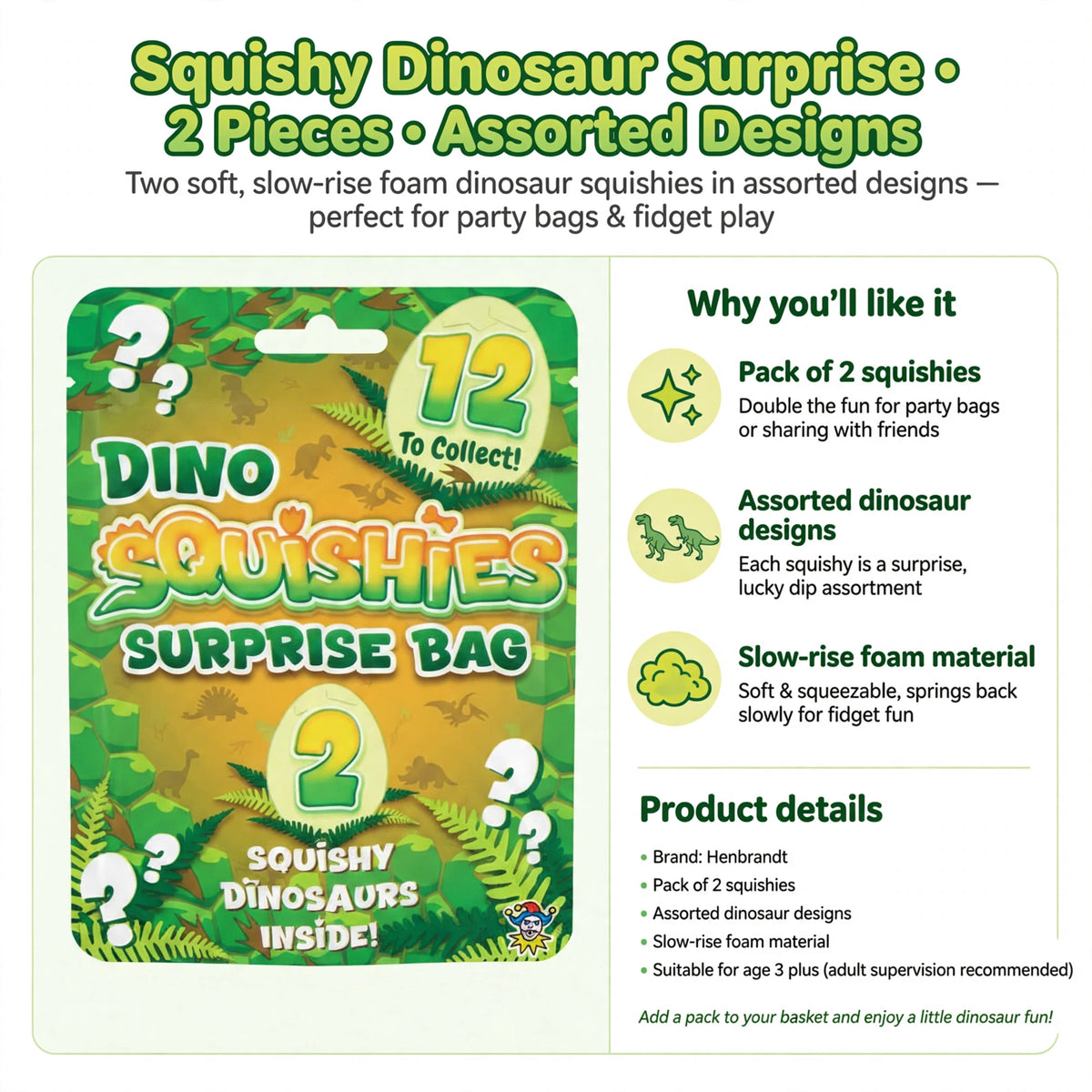 Infographic showing pack of 2 squishies, assorted dinosaur designs, and slow-rise foam material