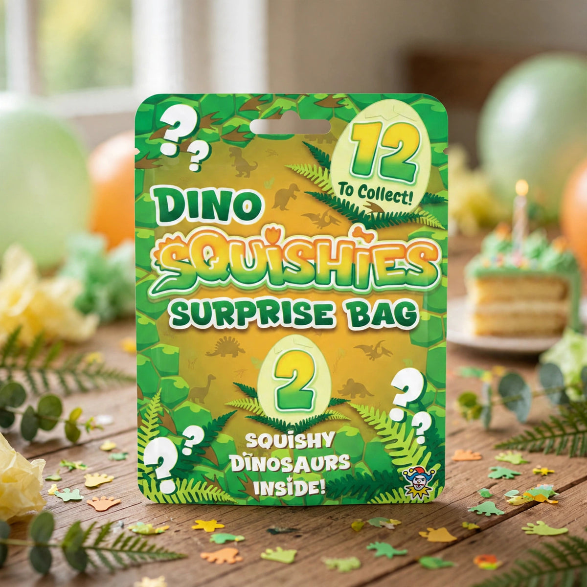 Two assorted dinosaur squishies from the Squishy Dinosaur Surprise pack displayed for playtime or party bags