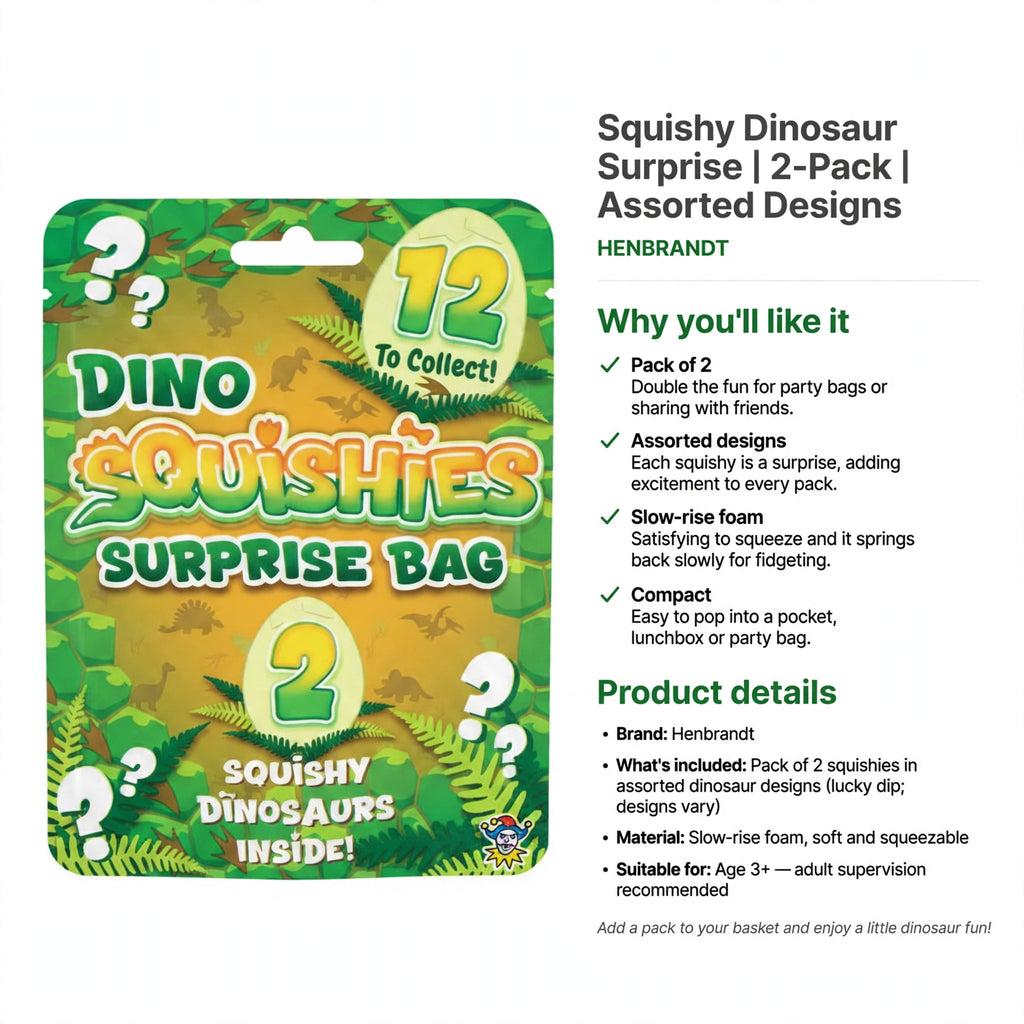 Pack includes two soft, slow-rise foam dinosaur squishies in assorted designs suitable for age 3 plus