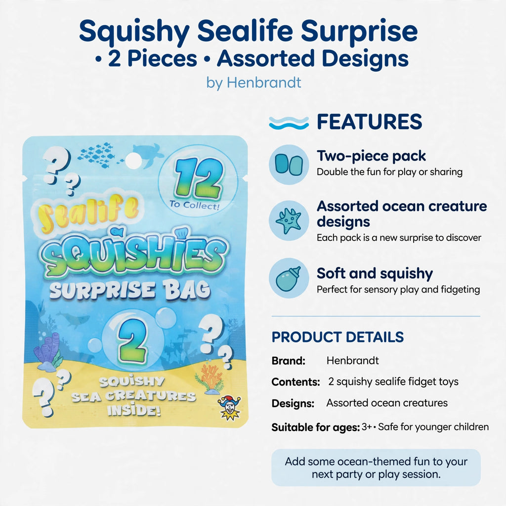 Infographic showing two-piece pack, assorted ocean creature designs, and soft squishy texture