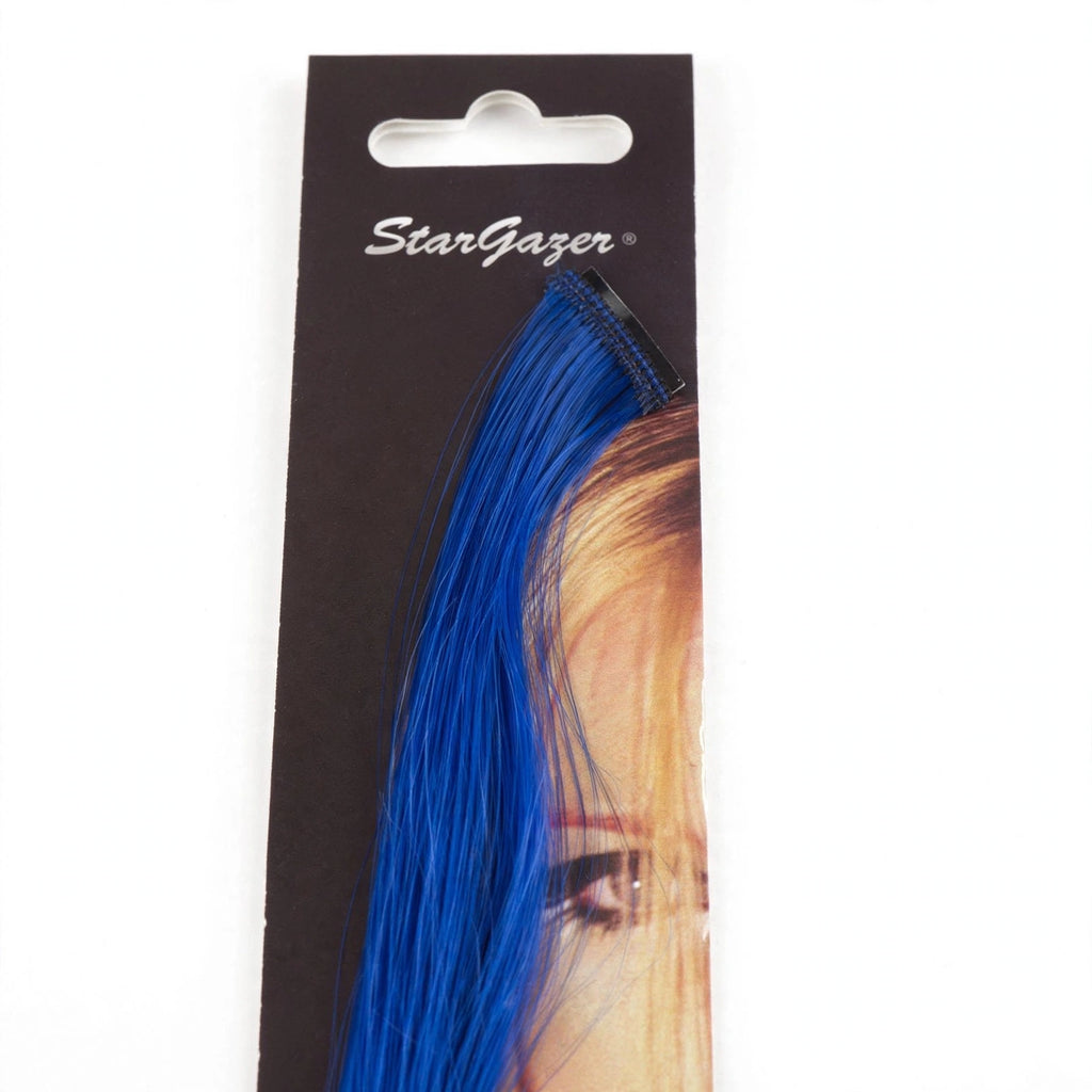 close-up view of blue clip-in baby hair extension