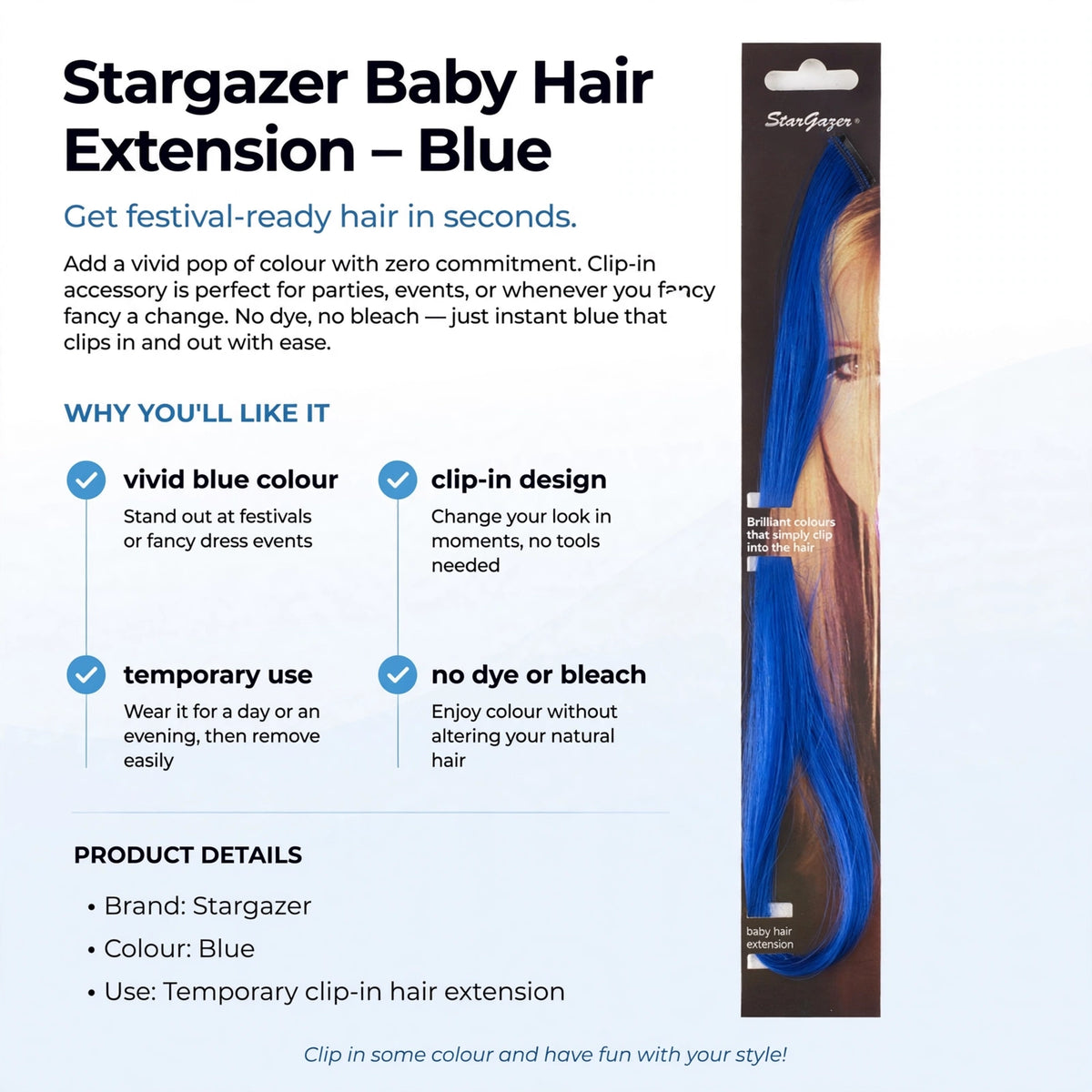 infographic showing vivid blue colour, clip-in design, temporary use, and no dye or bleach