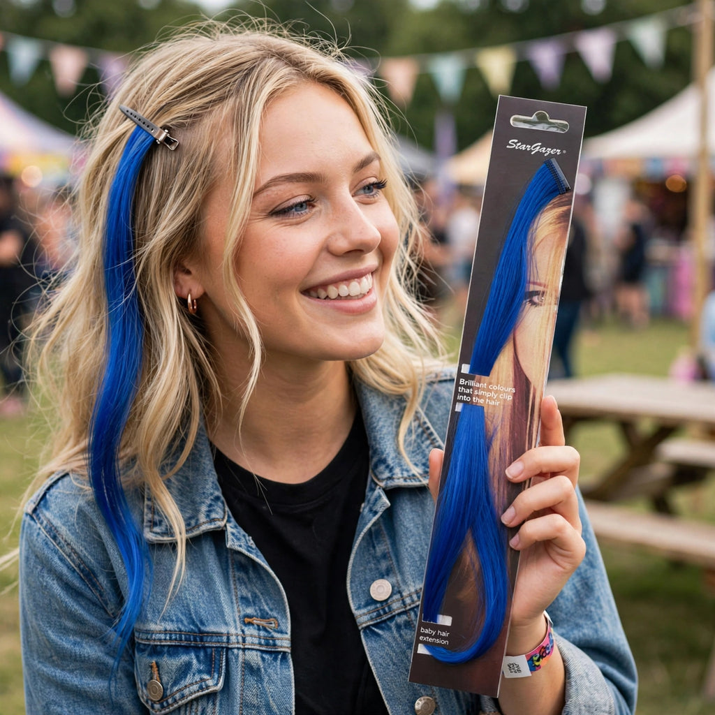 blue baby hair extension clipped into hair for festival or party style