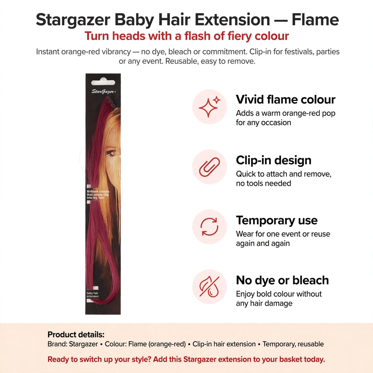 Infographic showing vivid flame colour, clip-in design, temporary use, and no dye or bleach