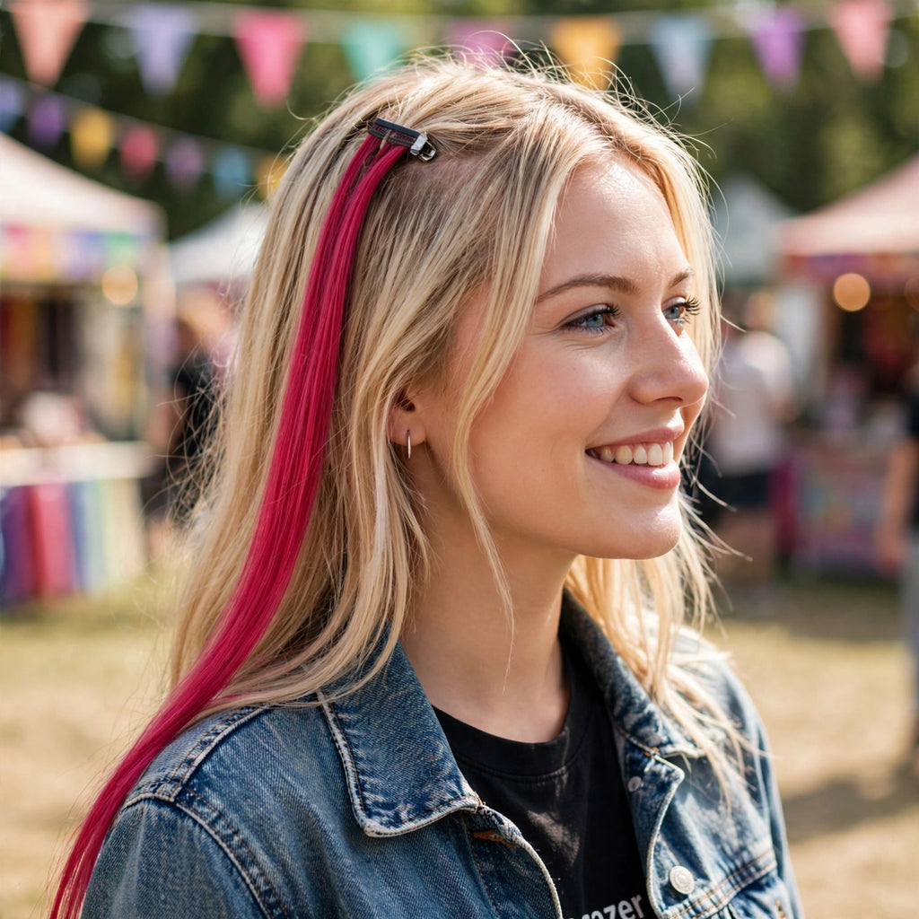 Person wearing Stargazer Baby Hair Extension Flame at a festival or party