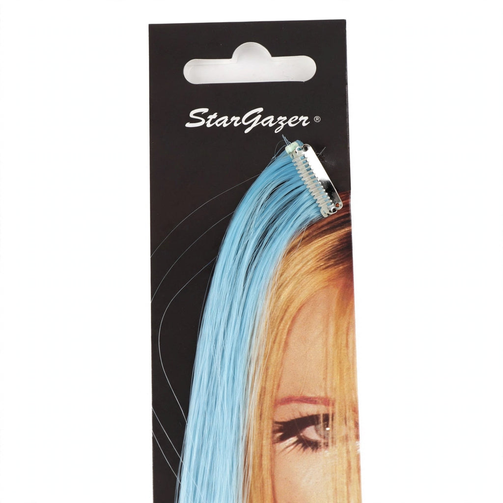 Close-up view of the Stargazer Baby Hair Extension clip-in accessory in sky blue