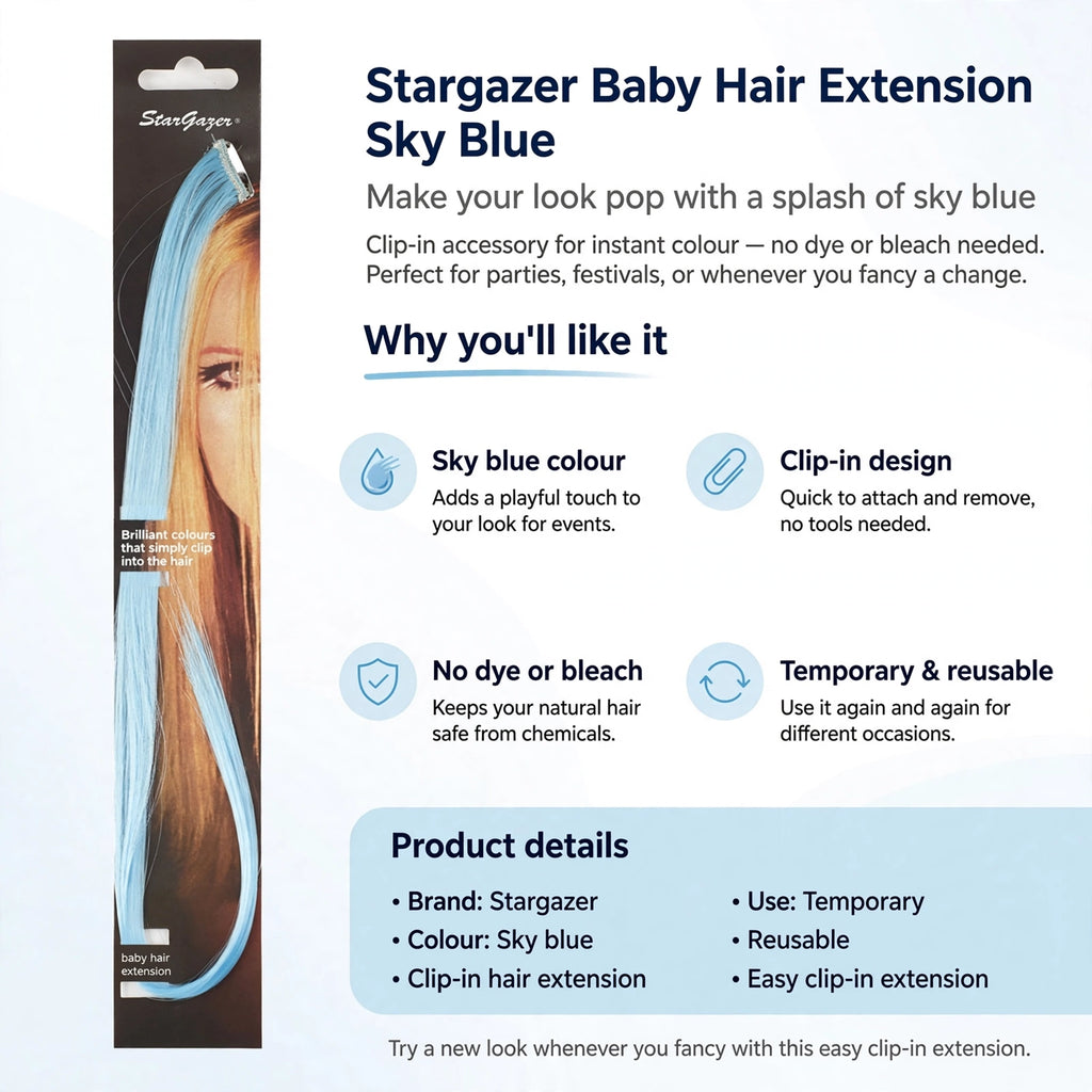 Infographic showing sky blue colour, clip-in design, no dye or bleach, temporary and reusable features