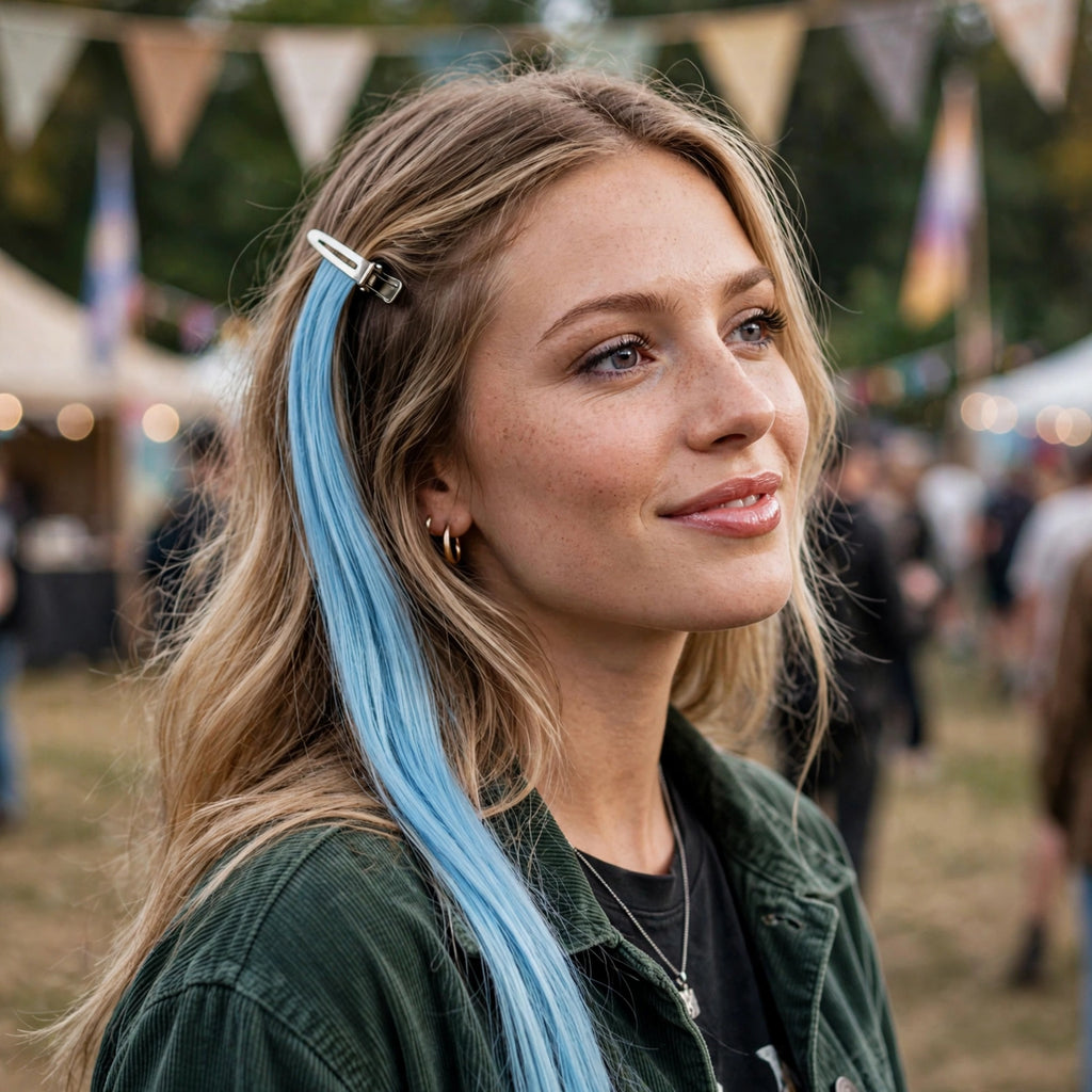 Stargazer Baby Hair Extension worn to add sky blue colour for parties or festivals