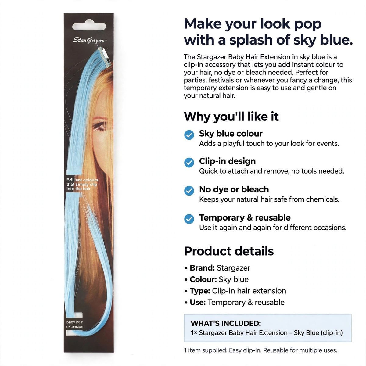 Information about the clip-in extension being temporary, reusable, and safe for natural hair