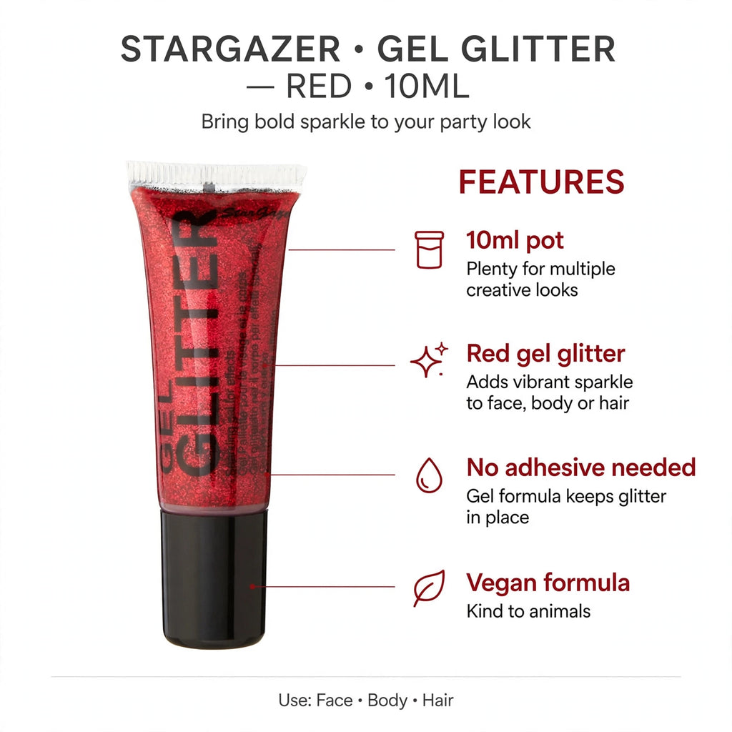 Features of Stargazer Gel Glitter Red including 10ml pot, red gel glitter, no adhesive needed, vegan formula