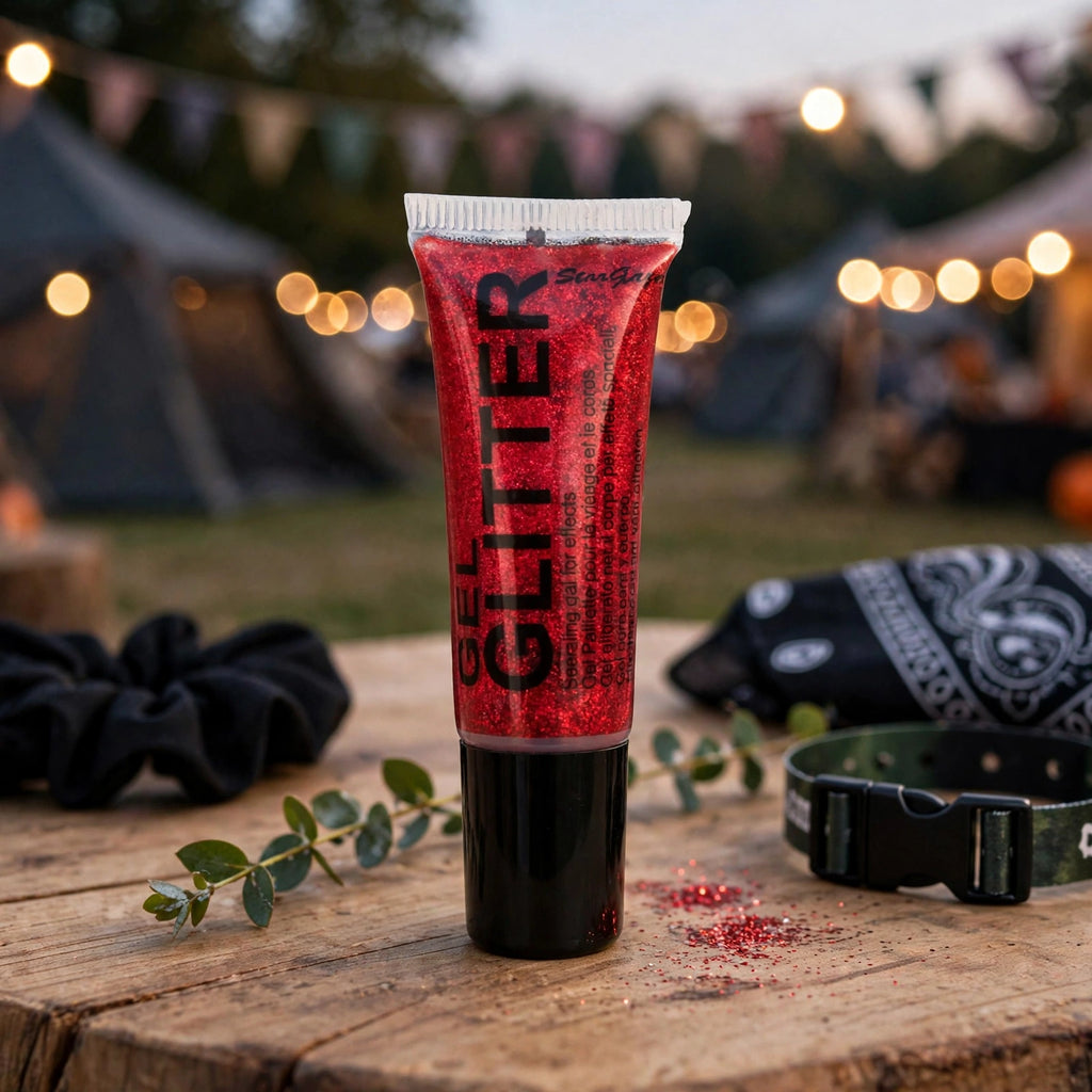 Red gel glitter applied on face, body, and hair for festivals, parties, or Halloween
