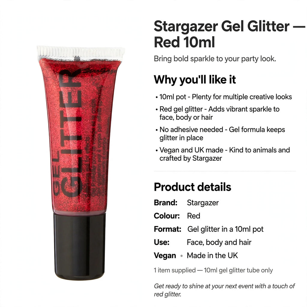 Red gel glitter in a 10ml pot with no adhesive needed and vegan formula made in the UK