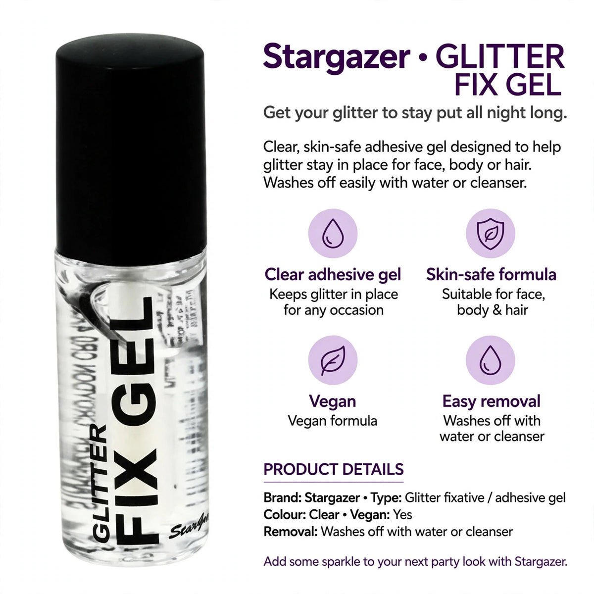 Infographic showing clear adhesive gel, skin-safe formula, vegan, and easy removal features