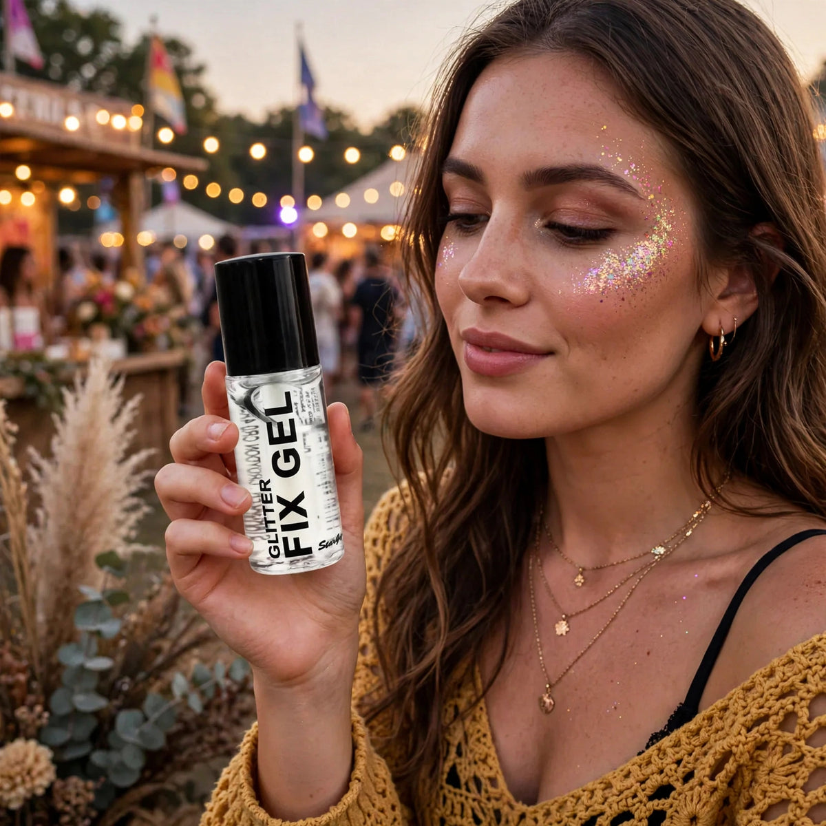 Glitter applied on face and body using Stargazer Glitter Fix Gel for festivals or parties
