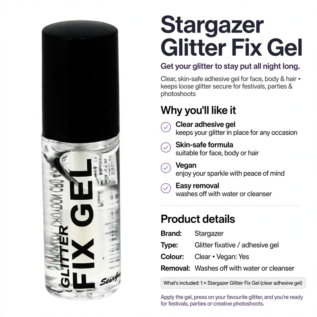 Stargazer Glitter Fix Gel washes off easily with water or cleanser