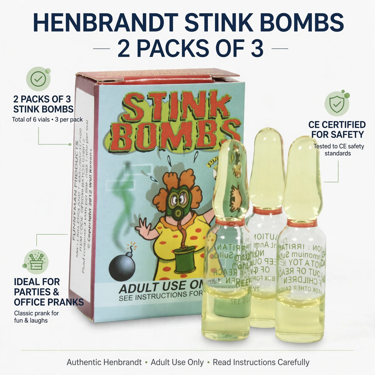 Infographic highlighting features of Henbrandt Stink Bombs, including pack details and safety certification