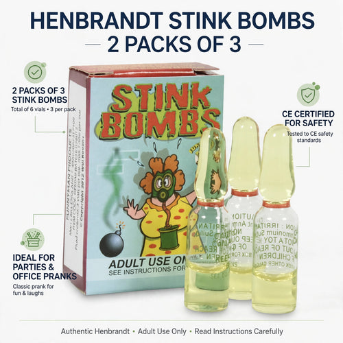 Infographic highlighting features of Henbrandt Stink Bombs, including pack details and safety certification