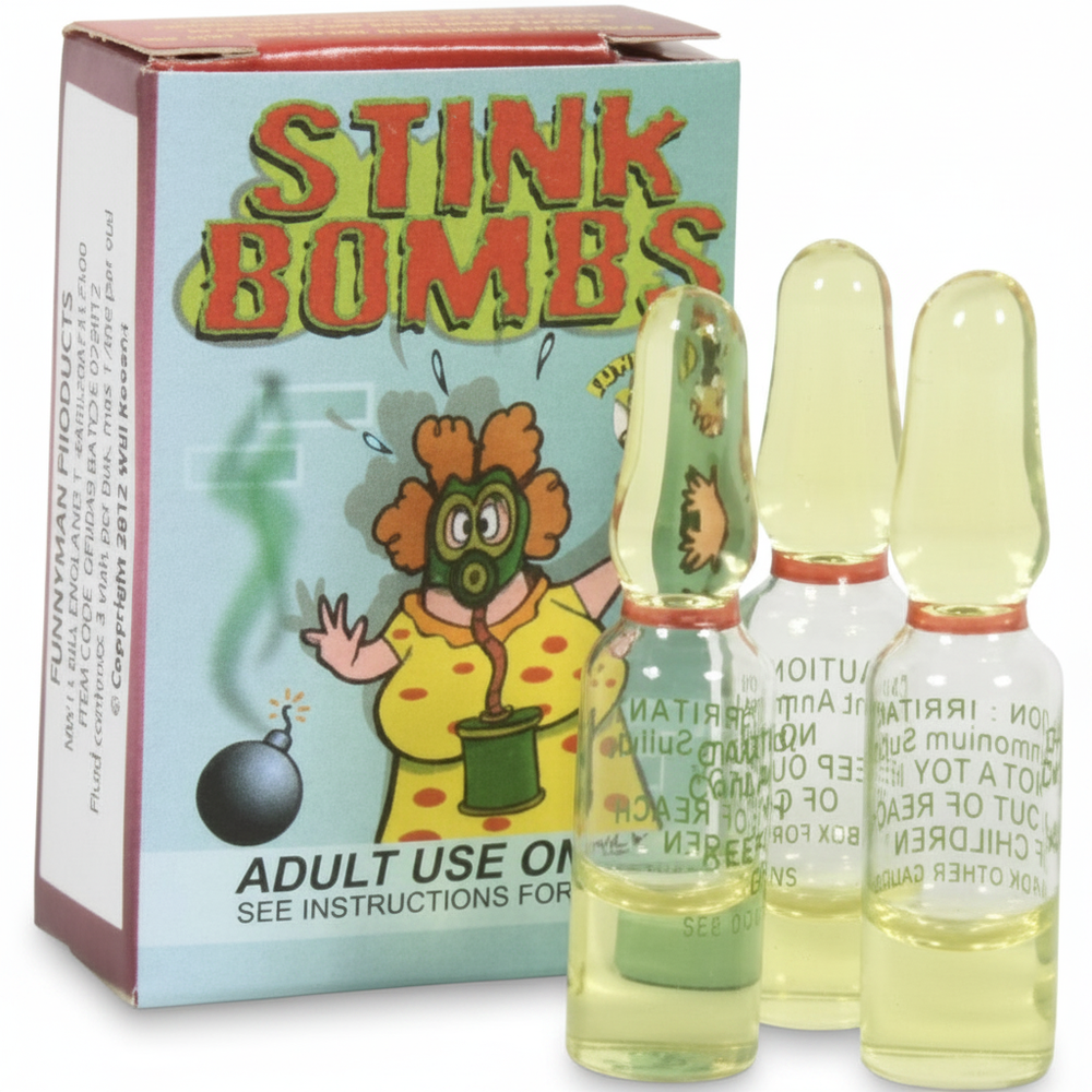 Stink Bombs Pack of 3 by Funnyman Jokes — clear glass ampoules with yellow-green liquid in teal retail box, studio white background