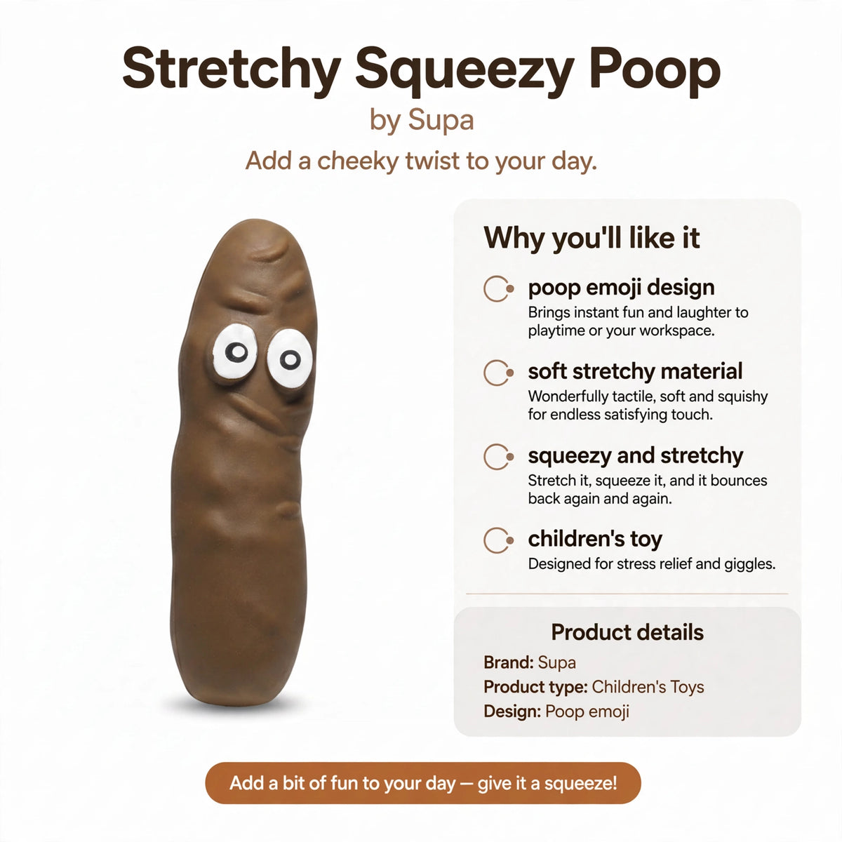 Infographic showing poop emoji design and stretchy squeezy features of the toy