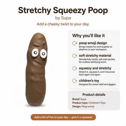 Infographic showing poop emoji design and stretchy squeezy features of the toy