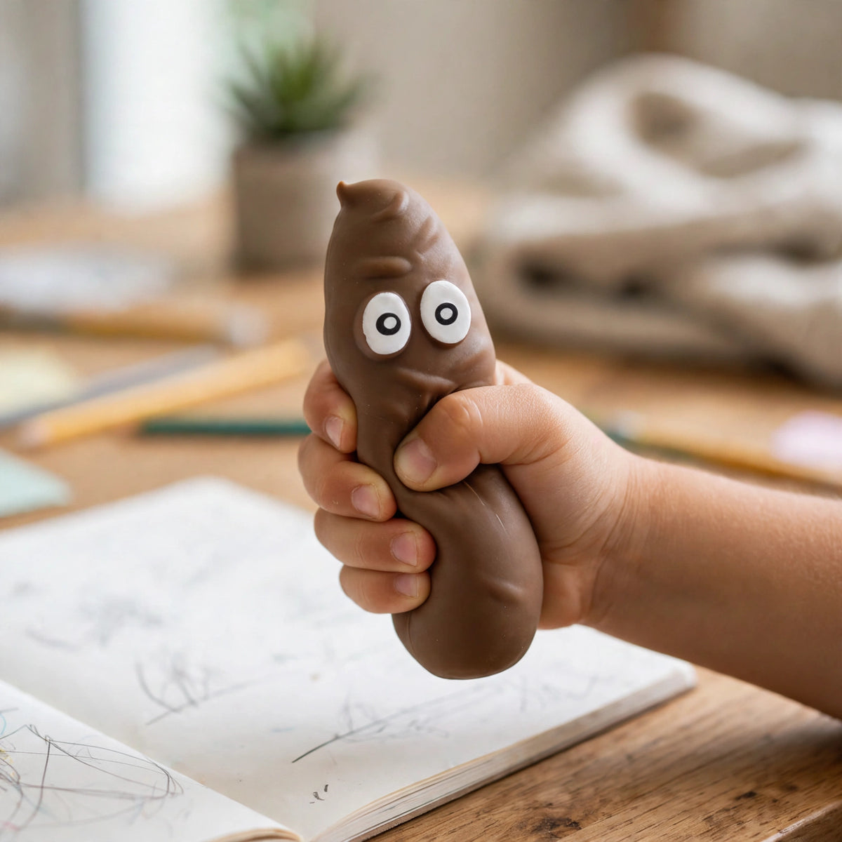 Stretchy Squeezy Poop toy shown as a playful desk companion or children's toy