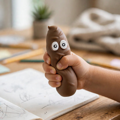Stretchy Squeezy Poop toy shown as a playful desk companion or children's toy