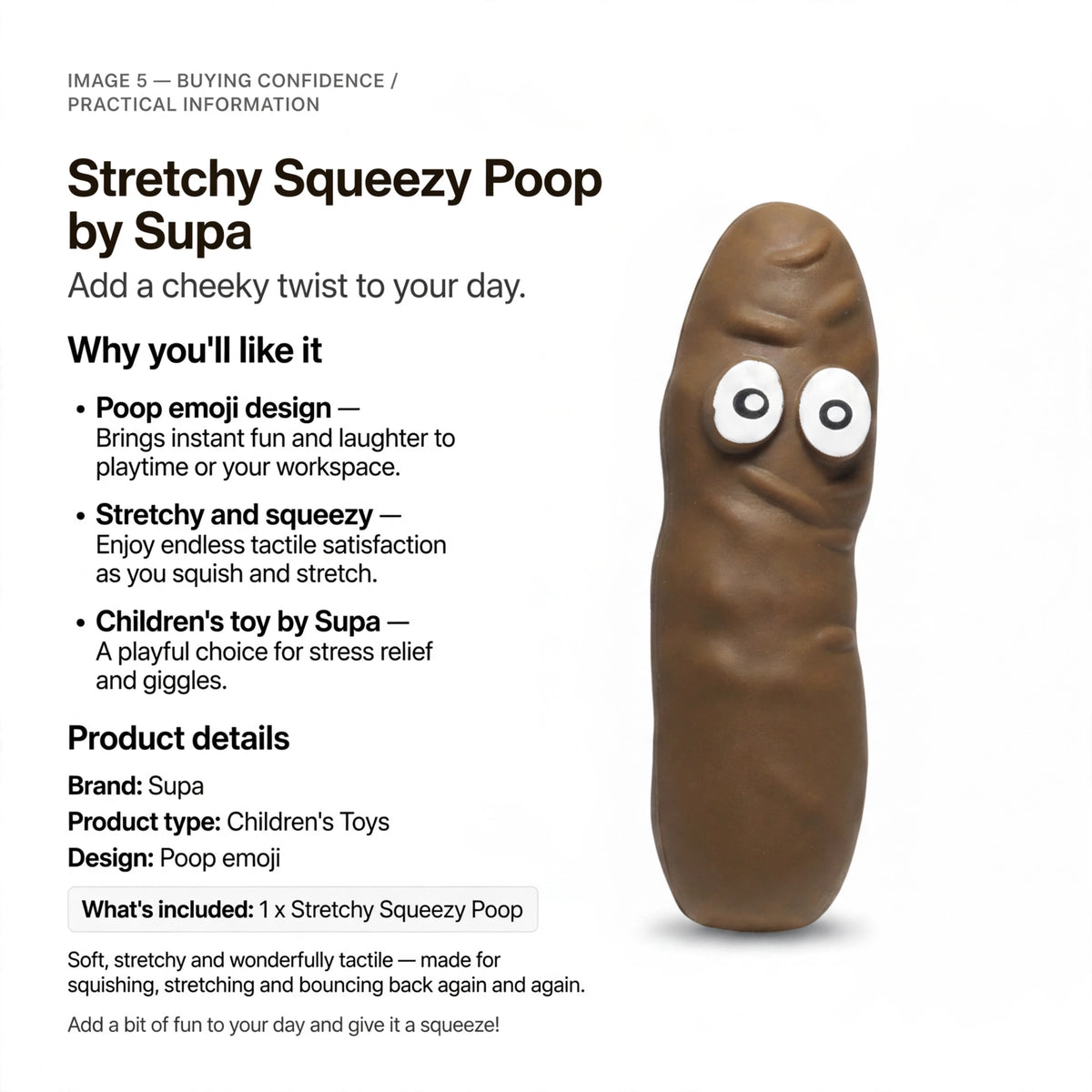 Information about the toy being a children's toy by Supa with a playful poop emoji design