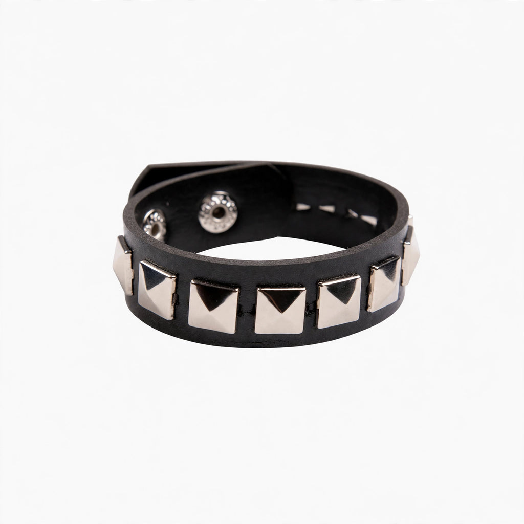 Studded Punk Wristband black leather with silver pyramid studs